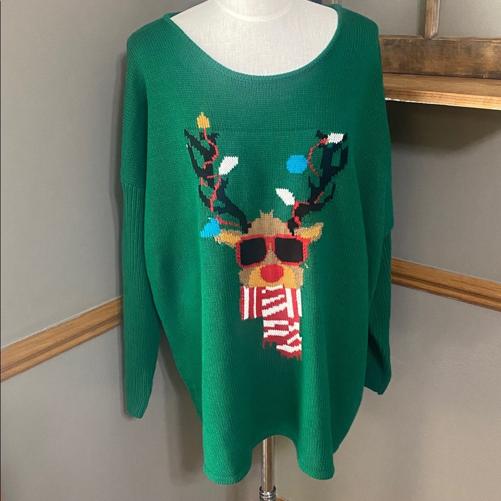Woman within green holiday reindeer crewneck sweater size 2X
